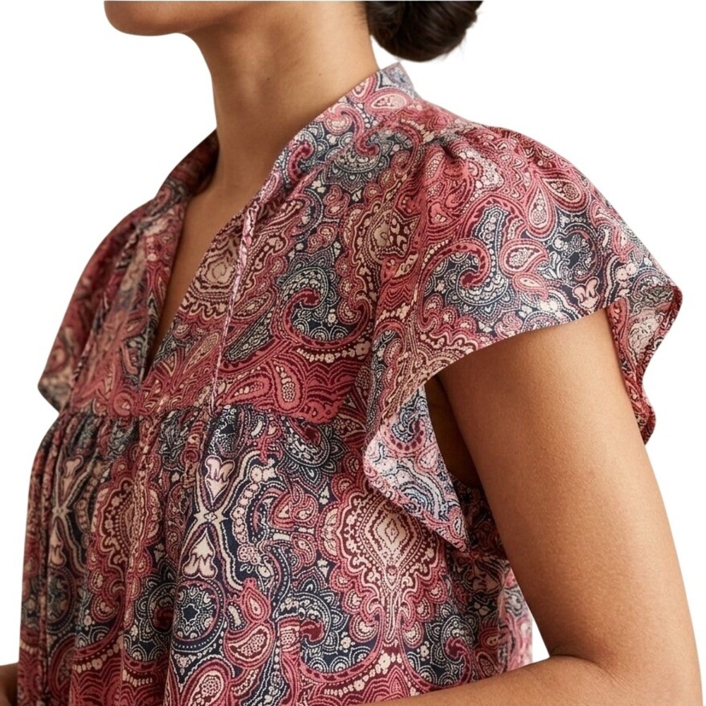Gap Paisley Flutter Sleeve Top Womens Small Pink EUC Split Neck Boho Blouse